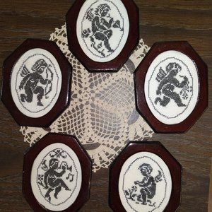 ECO-CLEAN, SET OF 5 WOODEN PICTURES WITH ANGELS, FRAMED